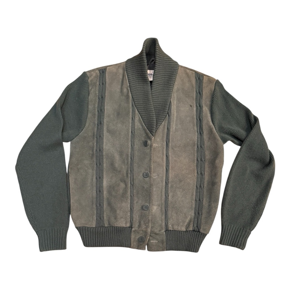 Vintage Dusty Blue Grandpa Cardigan with Leather Accents Sweater Mens Med